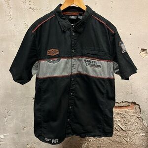 Harley Davidson Black Gray Colorblock Embroidered Logo Button Down Shirt Biker